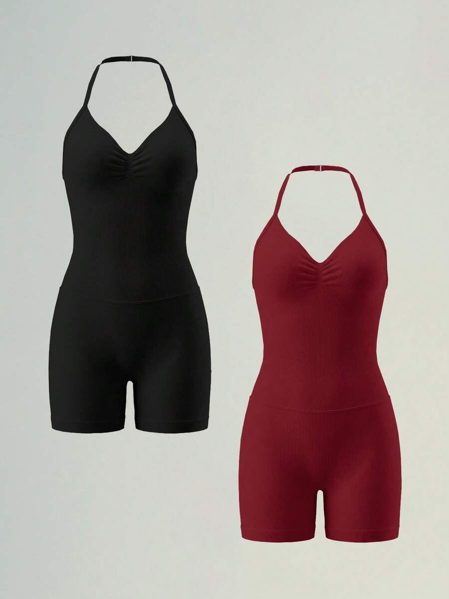 UONNOU 2pcs Women's Soft Seamless Sports Cropped Bodysuit, Halter V-Neck Ruched Front Open Back Backless Tight Fit, High Elasticity Tummy Control Shaping Butt Lift - Multicolor - View 1