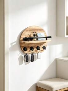 1 Stück runder Holz-Schlüsselhalter mit Wandmontage und Regal, 4 Metallhaken, Eingangsbereich-Organizer, modernes hängendes Aufbewahrungsregal für Schlüssel, Taschen und kleine Gegenstände, Wohndekoration für Flur, Schlafzimmer, Wohnung, Einweihungsgeschenk - Verschiedenfarbig - Übersicht 10