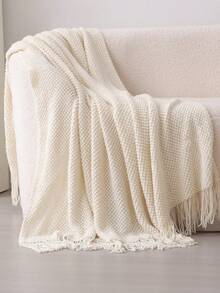 Madebyblanc 1pc Solid Color Knitted Blanket, Nordic Style Acrylic Rectangular Office Nap Sofa Blanket, Knitted Throw Blanket, Shawl,Cover, Bedspread, Bed Tail Blanket - Beige - View 1