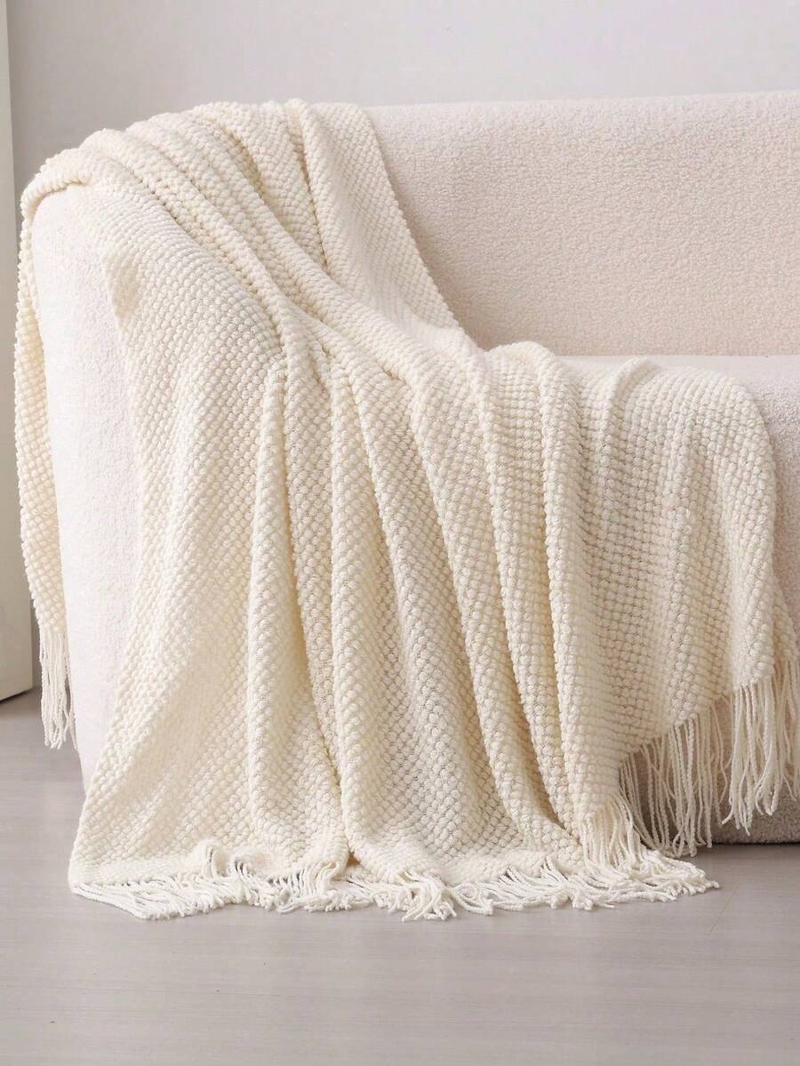 Madebyblanc 1pc Solid Color Knitted Blanket, Nordic Style Acrylic Rectangular Office Nap Sofa Blanket, Knitted Throw Blanket, Shawl,Cover, Bedspread, Bed Tail Blanket - Beige - View 1