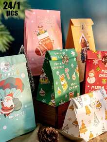 24/1pc Christmas Gift Bags, Featuring Various Cute Christmas Designs, And Including Stickers. Suitable For Christmas, Themed Party Gift Wrapping, Surprise Party Decorations, Holiday Party Favors, And Home Decor. - One Size Fits All - View 1