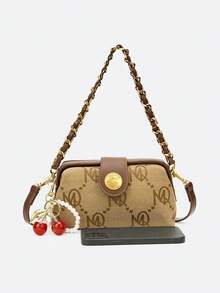 Dedoo Retro Letter Print Canvas Women Underarm Bag Leather Chain Strap Cherry Charm Decor Multi-Use Crossbody Purse Daily Handbag - Khaki - View 4