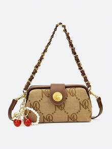 Dedoo Retro Letter Print Canvas Women Underarm Bag Leather Chain Strap Cherry Charm Decor Multi-Use Crossbody Purse Daily Handbag - Khaki - View 5