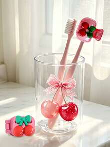 Vaso para cepillo de dientes transparente con diseño de cereza y tapa para cepillo de dientes, caja antipolvo para cabezal de cepillo de dientes, vaso para enjuague bucal estilo INS, vaso para cepillo de dientes para el hogar, soporte para cepillo de dientes con diseño de cereza, tapa portátil para cabezal de cepillo de dientes, artículos de baño diarios, almacenamiento de baño, set esencial de viaje - Multicolor - Ver 2