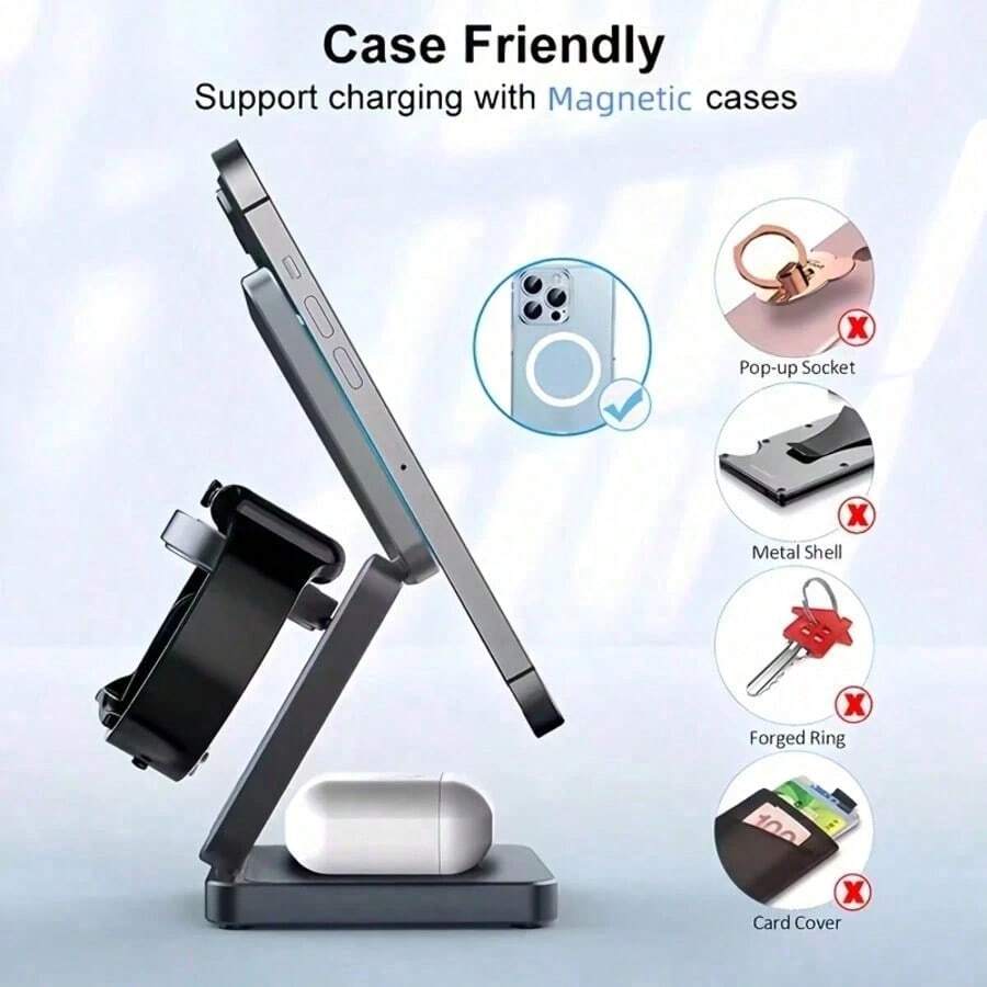 3-In-1 Foldable Portable 15W Multi-Function Wireless Charging Station, Compatible With Apple Devices