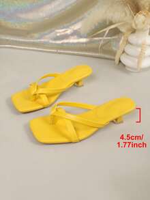 夏季新款軟皮方頭夾腳涼鞋，夾腳拖小貓跟涼鞋，百搭細跟夾腳拖女鞋拖鞋 - 黃色 - 查看 11