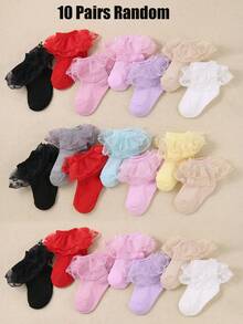 1/5/10 Pairs Random Style Baby Girl Socks, Breathable Mesh Lace Ruffle Trim Toddler Short Socks, Newborn Infant Holiday Gift, 0-36M - Multicolor - View 8