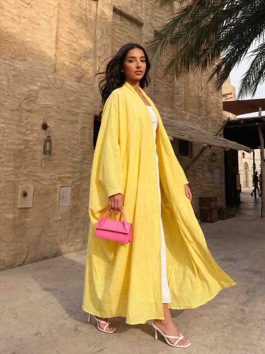 1pc Women's Lightweight Breathable Yellow Batwing Sleeve Robe, Simple Elegant Design, Suitable For Daily Wear, Holiday Occasions And Versatile Gatherings - Yellow - View 1
