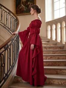 Vintage Medieval Court Style Women's European American Stage Performance Gentle Long Dress, Off-Shoulder Ruffle Bell Sleeve Dress - Red - View 2