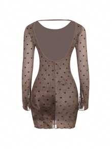 Women's Autumn Backless Long Sleeve Flocked Polka Dot Mini Dress, Back To School, Party, Holiday - Brown - View 8
