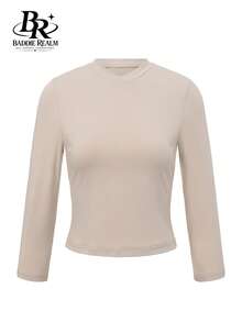 BADDIE REALM Kaos Lengan Panjang Slim Fit Elastis Wanita, Gaya Dasar Sehari-hari - Aprikot - View 10