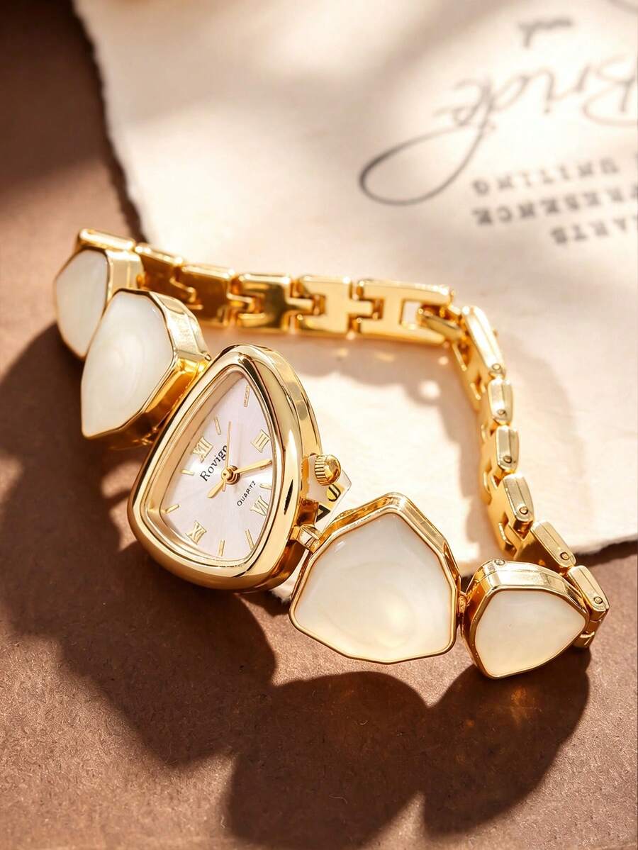 1pc Women's Luxury Vintage Mother Of Pearl Bracelet Quartz Watch, Unique Elegant Design With Sophisticated Vibe. Suitable For Gold Accessories, Jewelry, Summer Accessories, Daily Commute, Dating, Gathering, Summer Outings, Back To School, Holiday Celebrations And More. Can Be Given As Graduation Gift, Thoughtful Gift To Women, Showcasing Gentle And Elegant Elegant, The Best Gift For Women. - Multicolor - View 1