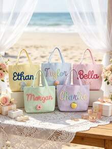 1pc Customized Name Striped Bubble Tote Bag, Personalized Summer Vacation Handbag, Pink & Blue Color Scheme Summer Beach Bag, Unique Gift For Girls, Mini Travel Handbag - Multicolor - View 3