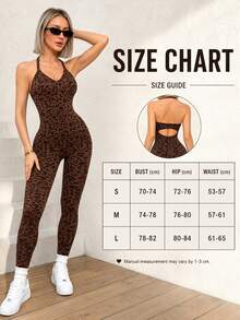 Women's Leopard Print V-Neck Halter Neck Sports Jumpsuit, High Elastic Ribbed Slim Fit Yoga Outfit, Slimming One-Piece Workout Suit Summer - Coffee Brown - View 6
