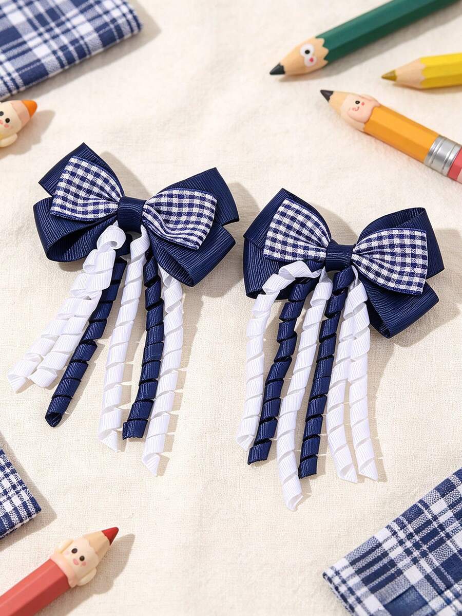 2 piezas de pinzas para el cabello con lazo azul para la vuelta al colegio, lazo con borla a cuadros, pinzas de cocodrilo con cinta de satén elegante, accesorios para el cabello de niños lindos, adecuados para regalos, uso diario en otoño/invierno - Azul Marino - Ver 1