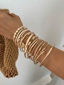 15/6/5pcs Bohemian Style Vintage Wavy Texture Smooth Surface Bracelet Set Multi-Element - Yellow Gold - View 3