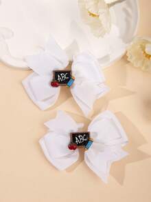 2pcs Girls Blackboard Accessory Ribbed Bow Hair Clips, Secure And Gentle On Hair, School Style Side Clips Suitable For Back To School Season - Multicolor - View 5