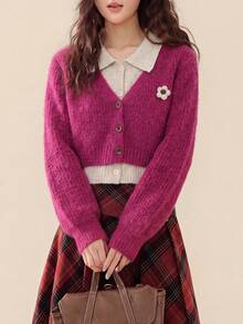 Women's Autumn/Winter Casual Minimalist Retro Fashionable 2 In 1 Knit Cardigan Jacket - Hot Pink - View 4