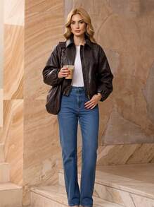 Women's Spring/Autumn Long Sleeve Zip-Up Faux Leather Jacket, Short Casual Fashion New Coat - Coffee Brown - View 1