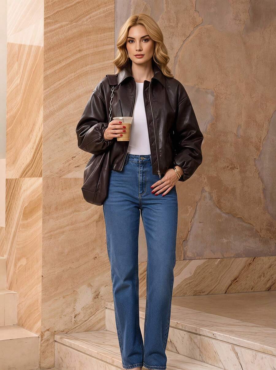 Women's Spring/Autumn Long Sleeve Zip-Up Faux Leather Jacket, Short Casual Fashion New Coat - Coffee Brown - View 1