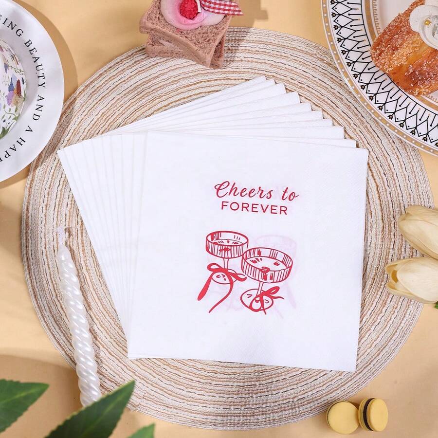 20/40/60 Pcs,Red Cheers To Forever Wedding Napkins,2-Ply Elegant White Disposable Paper Servietees With Bow & Cocktail Glass Design,Bridal Shower,Engagement, Bachelorette Party Decorations,13 Inch*13 Inch - View 1