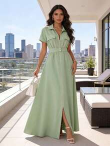 MODAMO REF AS1962 LONG DRESS WITH BELT AND ZIPPER - 綠色 - 查看 3