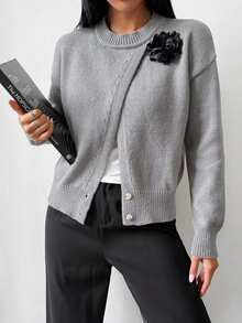 Early Autumn,Irregular Wrap Front Floral 3D Embellished DecorSplit Side Pullover Knit , Crew Neck Drop Shoulder Short Knit Outerwear,Cardigan For Wome - Grey - View 4