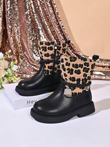 Autumn/Winter Girls' Leopard Print Plush Patchwork Mid-Calf Leather Boots With Woven Lace-Up, Rhinestone Charm, Side Zipper, Non-Slip Thick Sole, Sweet & Cool Fashion Ankle Boots - Khaki - View 4