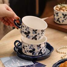 1 Set 250ml Ceramic Rose Coffee Cup With Tray, Vintage Brown Floral Tea Cup Set, Suitable For Home Kitchen Wedding Gift - Coffee Brown - View 4