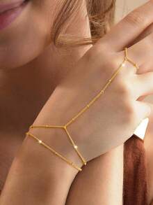 Minimalist Thin Chain Connected Finger Ring Bracelets For Women Multilayer Vintage Ball Beads Link Bangles Party Elegant Jewelry - Gold - View 2