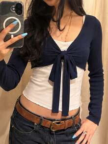 Women's Long-Sleeve Tie-Front Crop Top Y2K Coquette V-Neck Open-Front Shrug Bolero For Ballet Pilates And Yoga Workouts Streetwear Fall 2 Pieces Set - Navy Blue - View 1