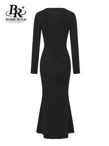 BR Chic Women's Black Long Sleeve Deep V-Neck Fitted Ribbed Knit Dress, Mermaid Tail Style Long Dress, Create A Sleek And Elegant Look, Medium Stretch - Black - View 8