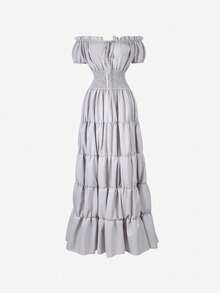 Women's Elegant Boho Gothic Two-Piece Outfit, Waistband And Off-Shoulder Puff Sleeve Tiered Ruffle Hem Long Skirt, Casual Party For Fall,Halloween. - 灰色+棕色 - 查看 2