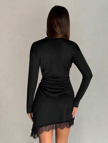 Elegant Black Knit Mini Dress, Long Sleeve, V-Neck, Asymmetric Contrast Lace Hem, Perfect Autumn Bodycon Style - Black - View 3