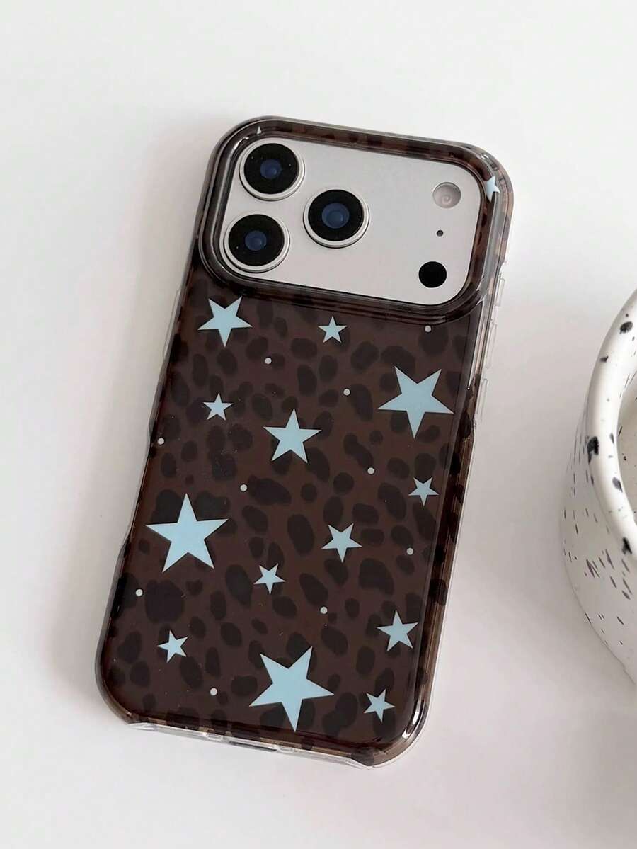 1PC Ins Brown Leopard Print Star IMD Full Coverage Anti-Drop PC Phone Case Compatible With Apple 11 Pro Max/12 Pro Max/13 Pro Max/14 Pro Max/15 Pro Max/16 Pro Max/17 Pro Max - Multicolor - View 1