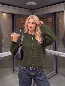 Nicenter Women's Fall‑Winter Cozy Wool Blend Fuzzy Knit Crew Neck Frog Button Oversized Cropped Cardigan Sweater Tops Fall‑Winter Clothes For Women - Army Green - View 6