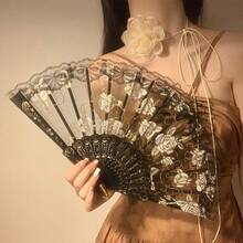 1pc White Floral Lace Folding Fan, Vintage Hand Fan, Suitable For Wedding Party, Dance Performance And Photo Props - Multicolor - View 10