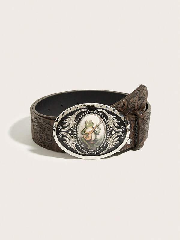 1pc Western Cowboy Vintage Frog Shaped Metal Pattern PU Women's Belt, Suitable For Jeans, Skirts, Parties, Valentine's Day, Back To School, Vacation, Daily Wear