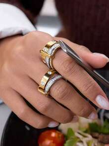 Uself 2pcs/1pc Luxury 18k Gold & Silver Two-Tone Stainless Steel Rings, Women's Waterproof Design Statement Rings, Stackable Jewelry, Gift For Her - Multicolor - View 4