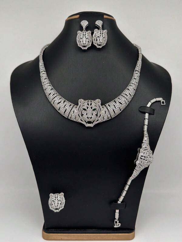 4pcs Set New High-End Luxury Copper Cubic Zirconia Tiger & Leopard Design Silver Necklace, Bracelet, Earrings, Ring Jewelry Set, Women's Daily, Banquet, Party, Evening Dress Accessories, Valentine's Day Gift Luxury Necklace Set