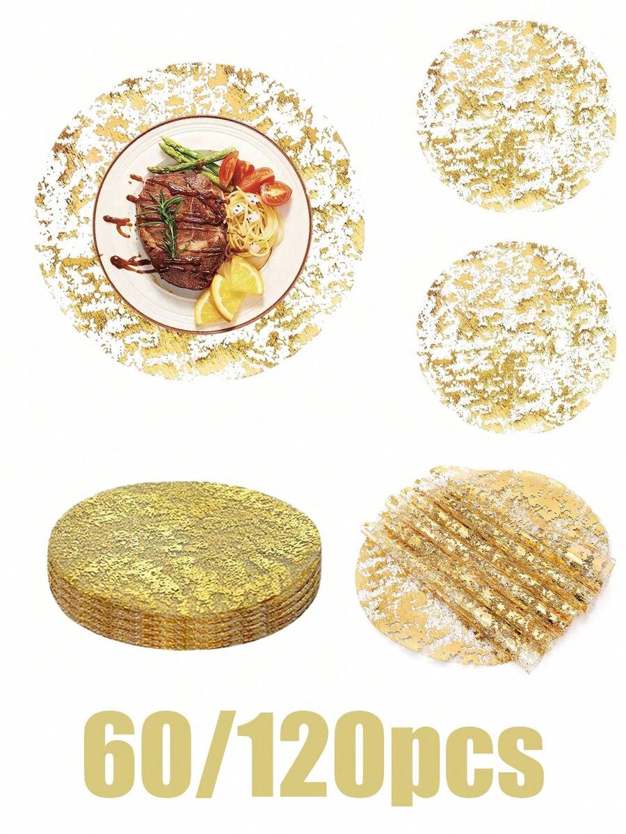 120pcs Elegant Gold Disposable Placemats - 33*33cm, Round Polyester Table Mats With Shiny Mesh Design, Suitable For Weddings, Birthdays, Holidays - Ideal Choice For Dining And Home Decor, Table Mats - Gold - View 1
