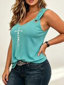 Plus Size Women's Printed Fitted Casual Tank Top Vacation Set - Green - View 3