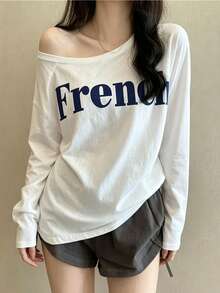 Women's White Long Sleeve Asymmetrical Shoulder T-Shirt, Regular Length Polyester Top, High Elasticity Fabric, Perfect Choice For Autumn Fashion. Casual - White - View 2
