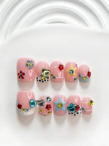 10片裝可愛風手工穿戴甲 Polygel 凝膠美甲套組，愛心、花朵、線條、五角星設計，白色與藍色指甲油，甜美風格，附美甲工具，3種尺寸可選，方型、短方型、杏仁形，適合派對、舞蹈、日常配戴 - 彩色 - 查看 12