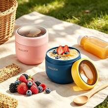 1pc Breakfast Oatmeal Cup, Plastic Lined, Portable Yogurt Cup With Lid, Spoon And Silicone Handle, Food Container, Lunch Box, Leak-Proof Food Storage, Suitable For Kitchen, School, Outdoor, Office, Back To School Essential - View 3
