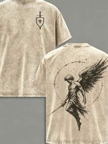 Men's Washed Angel Michael Graphic T-Shirt Flame Sword Shield Justice Symbol Christian Jesus Faith Tee Casual Streetwear Round Neck Summer Vacation Ou - 杏色 - 查看 5
