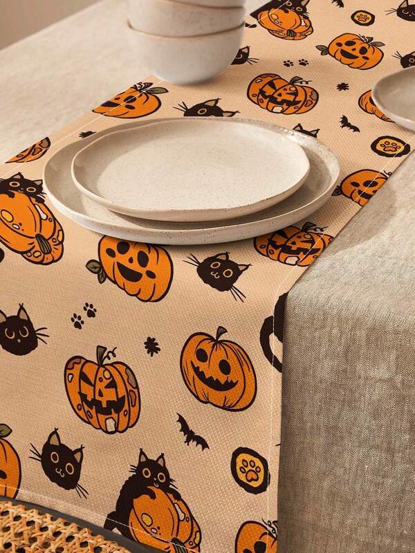 1pc Cartoon Black Cat Pumpkin Bat Halloween Pattern Printed Linen Table Runner Placemat, Suitable For Holiday, Party, Birthday, Dinner, Kitchen Dining Table Decoration, Shoe Cabinet Storage Cabinet Cover, All Season Room Decor, Home Textile Decoration Table Runner Placemat
