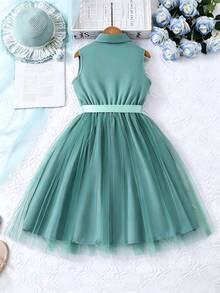 Vestido con cuello de malla de unicolor sin mangas para niña joven con cinturón de tela - Verde - Ver 4