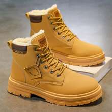 STARNOVO (2 Versions Randomly Shipped, Differences Between The Two Styles Are Explained In The Images) Men's Plush Lined Snow Boots, Lace-Up Design, Warm PU Leather Material High-Top Style, Anti-Slip Design, Suitable For Cold Weather Wear, Comfortable And Casual, Outdoor Activities - Khaki - View 3