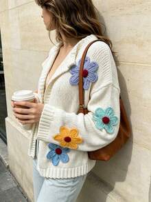French Gentle Style Solid Color Loose Knit Cardigan With 3D Floral Decoration, Autumn/Winter Soft Casual Outerwear Top - Beige - View 5